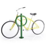 Green Lyra sidewalk bicycle bike rack with yellow bike